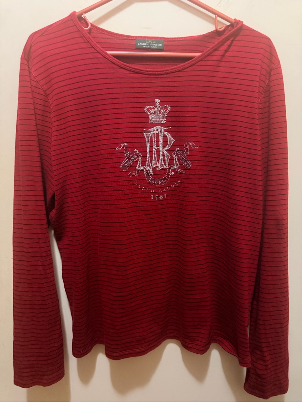 Ralph Lauren Red and Black Striped Crest Long Sleeve Tee, M-L